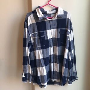 Navy and white buffalo check button up shirt